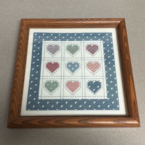 Framed hand stitched Heart cross-stitch 9”X9” - Picture 1 of 2